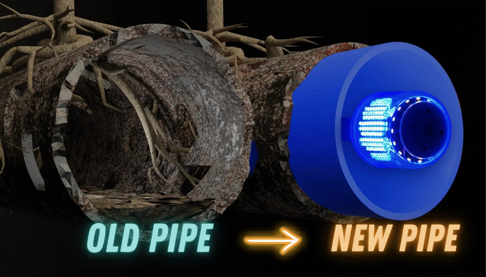 Cutaway comparison of a root-damaged pipe and a new CIPP liner being cured with blue-light equipment