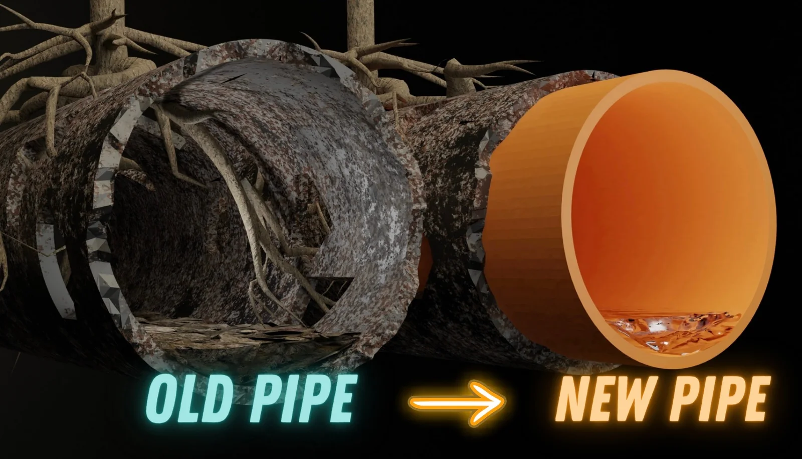 Cutaway comparison of a broken root-filled sewer pipe and the finished smooth CIPP liner