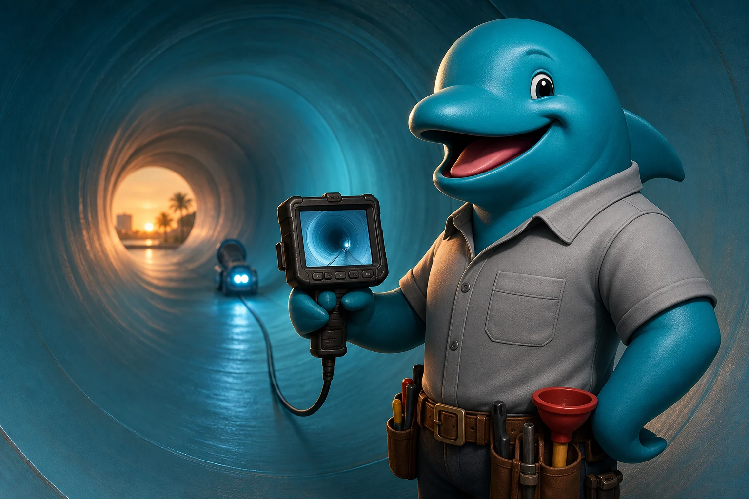 Miami Trenchless dolphin mascot inspecting a newly lined pipe with a sewer camera